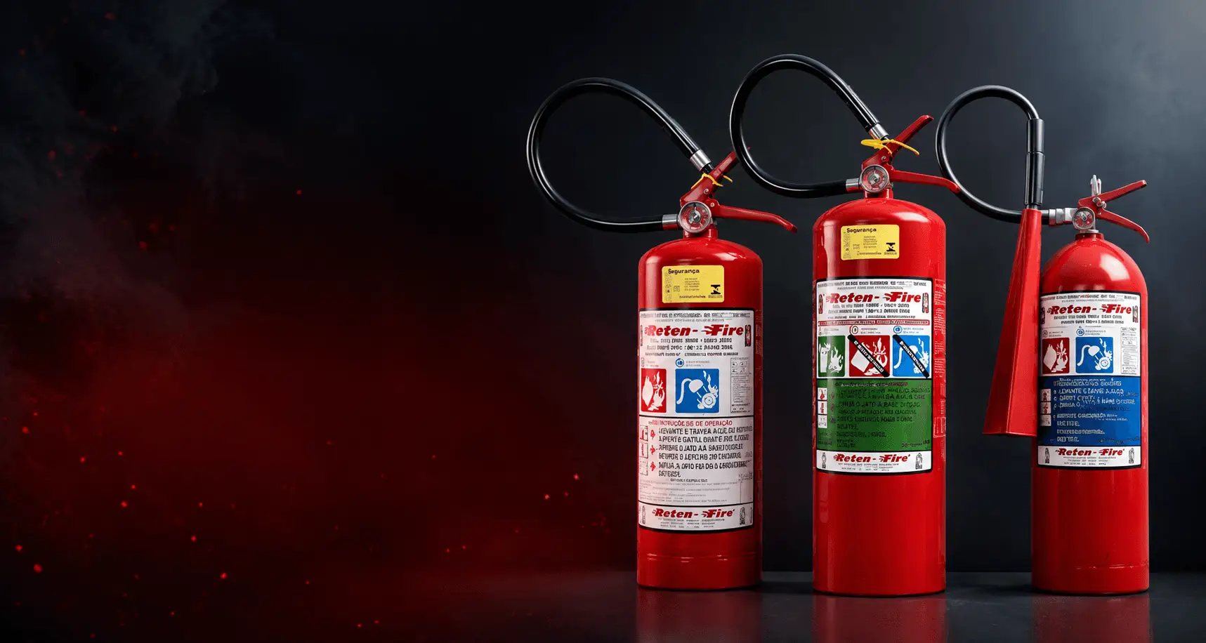 Extintores de incêndio Reten Fire certificados INMETRO — pó químico, CO2 e água pressurizada